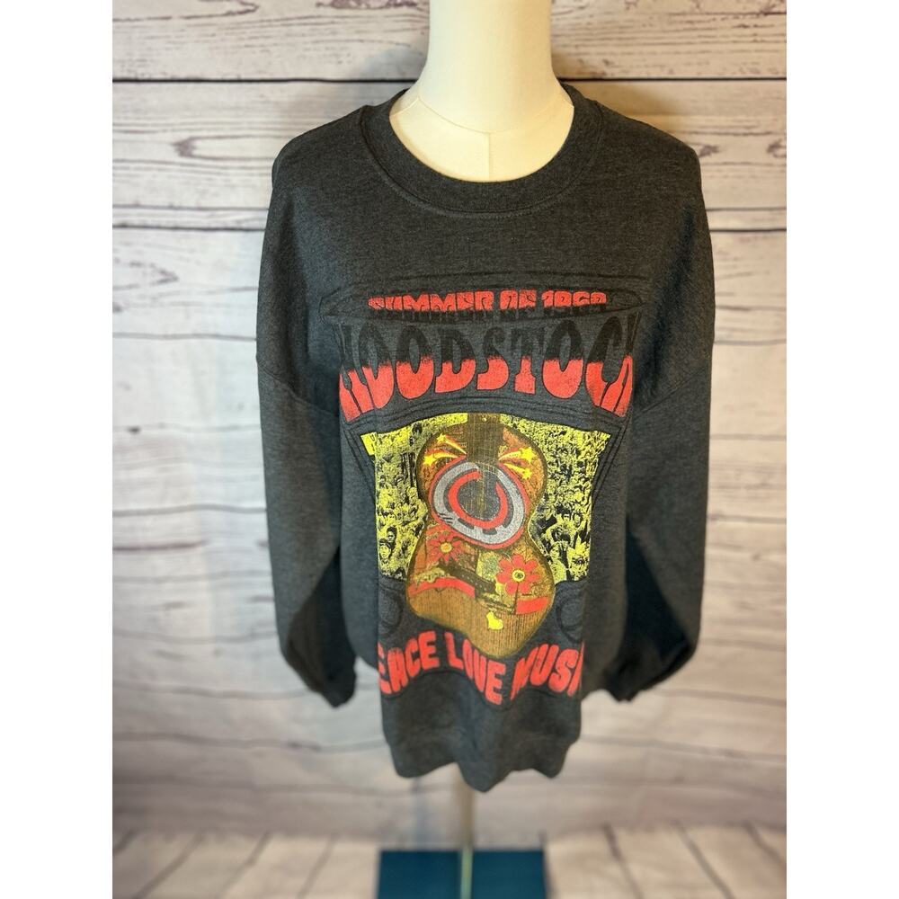 Woodstock 1969 Peace Love Music Graphic Crewneck Sweatshirt Dark Gray Size L - Picture 2 of 5